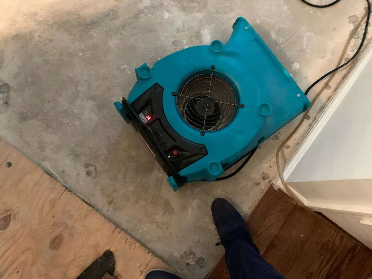 Air mover drying subfloor during Leak Detection & Repair in Lake Los Angeles